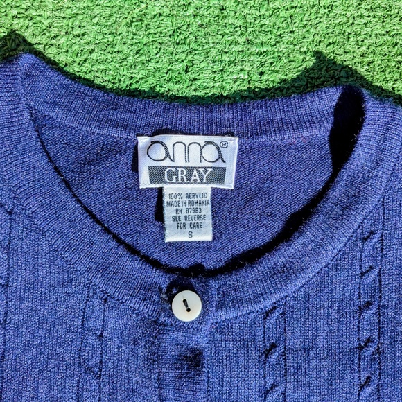 1990s Vintage Anna Gray Womens Small Navy Acrylic Cable Knit Accent Cardigan EUC - Picture 7 of 7